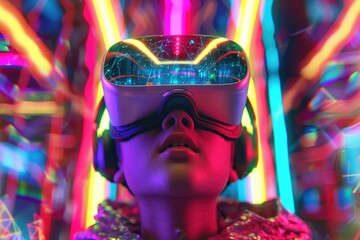 Aufkleber - Person wearing goggles in front of bright neon lights, suitable for urban and nightlife concepts