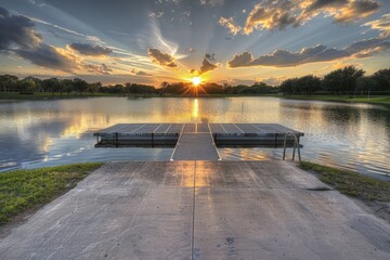 Aufkleber - A tranquil scene of a dock on a lake with a beautiful sunset in the background. Perfect for relaxation or nature-themed designs
