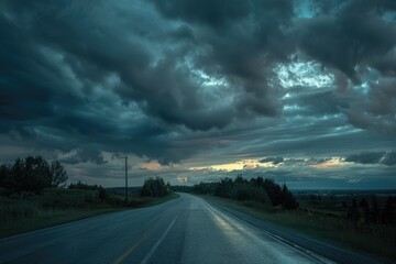 Poster - A serene image of an empty road with a clear blue sky background. Ideal for travel and transportation concepts