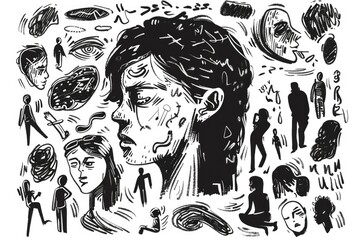 Poster - Black and white drawing of a man surrounded by people. Suitable for various projects