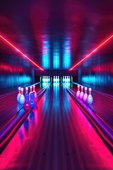 Poster - A vibrant bowling alley with neon lights, perfect for sports and entertainment concepts