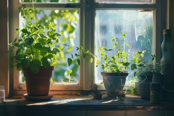 Aufkleber - Two plants on a windowsill, suitable for home decor