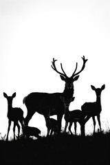 Canvas Print - A herd of deer standing on top of a grass covered field. Suitable for nature and wildlife concepts