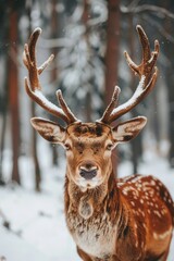 Sticker - A close up of a deer in the snow. Perfect for winter-themed designs