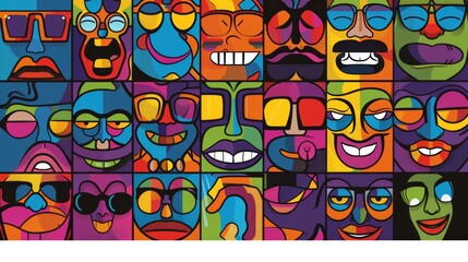 Wall Mural - Cartoon character faces, leg, hand in different expressions, happy, angry, sad, cheerful. Retro groovy hippie illustration for decorative, sticker use.