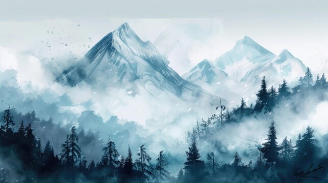 winter postcard. misty mountain landscape with forest and fog in a hipster travel setting
