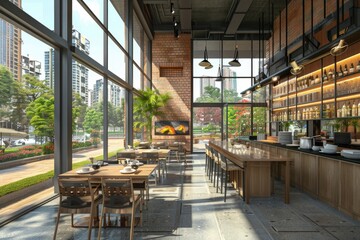 Poster - Interior of a restaurant with various tables and chairs, suitable for commercial use