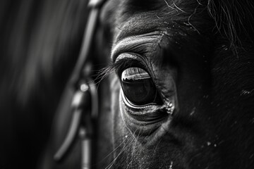 Poster - Detailed black and white image of a horse's eye, perfect for animal lovers or equine enthusiasts