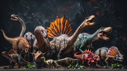 Aufkleber - A group of toy dinosaurs standing in a row. Perfect for educational materials
