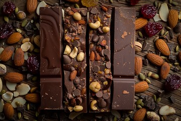 Aufkleber - Detailed close-up of a chocolate bar filled with crunchy nuts and dried fruits, showcasing rich textures and natural ingredients. Generative AI
