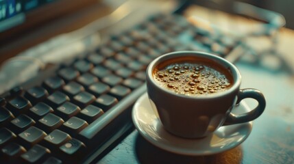 Poster - A cup of coffee next to a keyboard, perfect for office concepts
