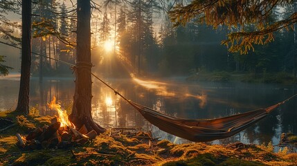Wall Mural - Green dark coniferous forest, rays of the setting sun between the trees, a stretched hammock near the forest lake, a bonfire next to hammock, moss on the ground. Generative AI.