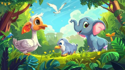 Wall Mural - A collection of cartoon illustrations showing elephants, gulls, dolphins, and wild animals.