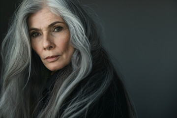 Wall Mural - A woman with long white hair is sitting in front of a wall