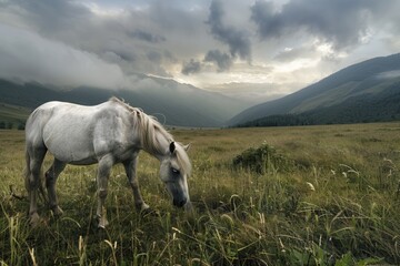 Poster - White horse grazing in a picturesque field with majestic mountains in the background. Suitable for nature and animal themes