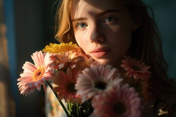 Poster - A woman holding a bunch of flowers, perfect for various occasions