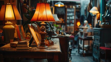 Poster - A table with a lamp and a stack of books. Suitable for educational or reading-themed designs