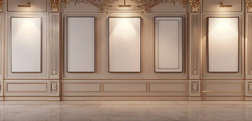 Wall Mural - Elegant art space with three large blank frames on a pale gold wall, soft lighting, 3D rendering
