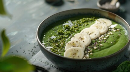 Poster - A bowl of healthy green smoothie with bananas and seeds. Perfect for health and wellness concepts