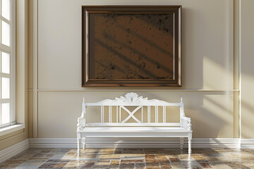 Wall Mural - Morning in a gallery with a blank chocolate frame and white wooden bench, 3D rendered scene