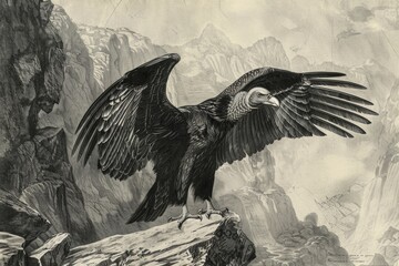 Poster - Simple black and white drawing of a bird perched on a rock. Suitable for various design projects