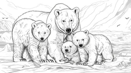 Canvas Print - Detailed drawing of a family of polar bears. Suitable for educational materials or wildlife publications