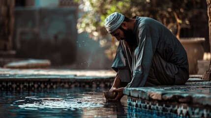 Poster - A man sitting on the edge of a swimming pool. Suitable for lifestyle and relaxation concepts