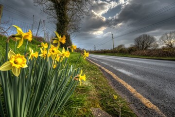 Wall Mural - A bunch of yellow flowers on the side of a road, suitable for nature or spring concepts