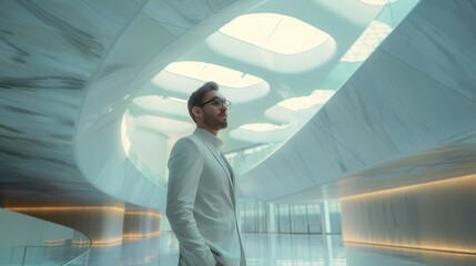 Poster - A sophisticated software analyst in a leader posture, natural light, modern architecture. Generative AI.