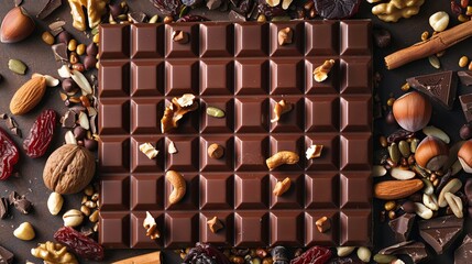 Aufkleber - A detailed chocolate bar surrounded by a variety of nuts and dried fruits, creating a natural and appetizing display. Generative AI