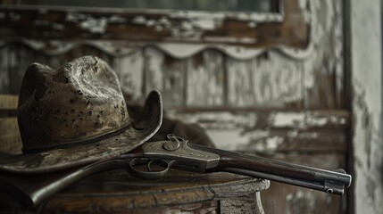 Poster - A hat and two guns displayed on a table. Suitable for crime or detective themed projects