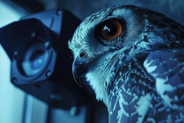 Poster - Close up of an owl with a camera in the background. Suitable for technology or wildlife concepts