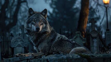 Poster - A wolf laying down in a cemetery at night. Suitable for Halloween-themed projects