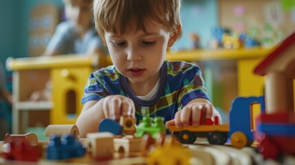 Poster - Young boy playing with toy train set. Perfect for children's education materials