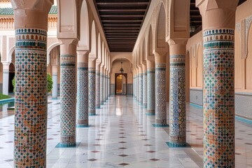 Poster - A long hallway with columns and tiled floors, suitable for architectural projects