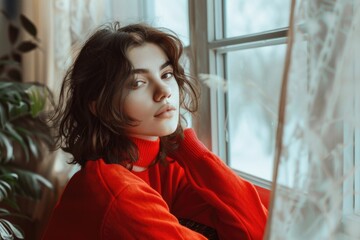 Aufkleber - A woman in a red sweater gazing out a window. Suitable for various lifestyle and home-related concepts