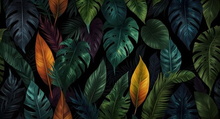 Wall Mural - tropics art painted leaves on a dark background texture picture murals in the interior