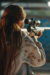 Poster - Woman with long hair holding a rifle, suitable for military or hunting themed projects
