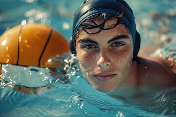 Poster - A young man enjoying swimming with a ball. Suitable for sports and leisure concepts
