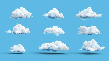 Poster - Decorative 3d cloud set isolated on a blue background. Cartoon fluffy clouds icon in a blue sky. 3D geometric shapes modern illustration.