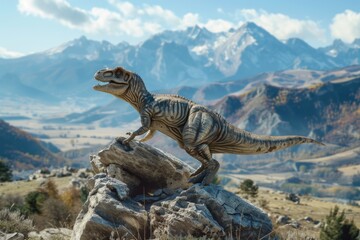 Poster - A majestic T-Rex standing on a rocky mountain. Perfect for educational materials or dinosaur-themed projects