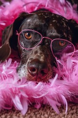 Sticker - Adorable dog with stylish pink glasses resting on soft pink feathers, perfect for pet lovers or fashion blogs