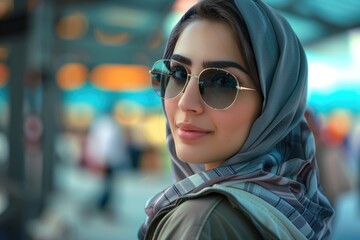 Poster - Stylish woman wearing sunglasses and a scarf, perfect for fashion blogs or magazines