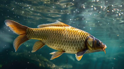 Poster - A fish swimming gracefully in water with bubbles. Suitable for nature and underwater themes
