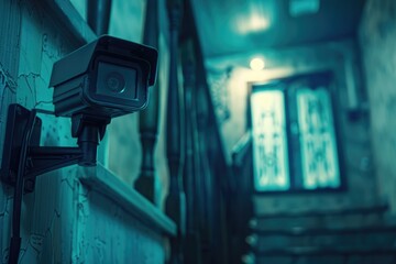 Poster - Security camera mounted on building, ideal for surveillance concepts