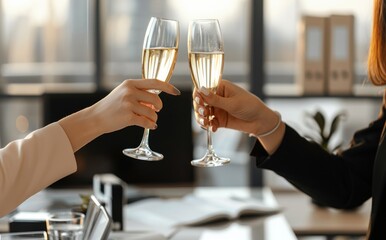 Close up of two business women clinking champagne glasses in an office