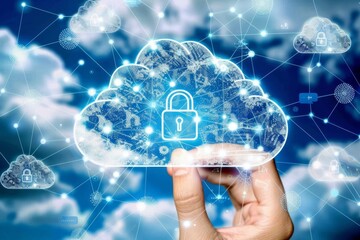 Wall Mural - Comprehensive Cloud Security Illustration Featuring Laptop Integration and Secure Network Elements in a Blue and White Theme