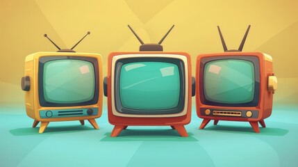 Modern cute icon of an old retro tv cartoon background. Orange yellow blue old vintage vintage tv retro background media.