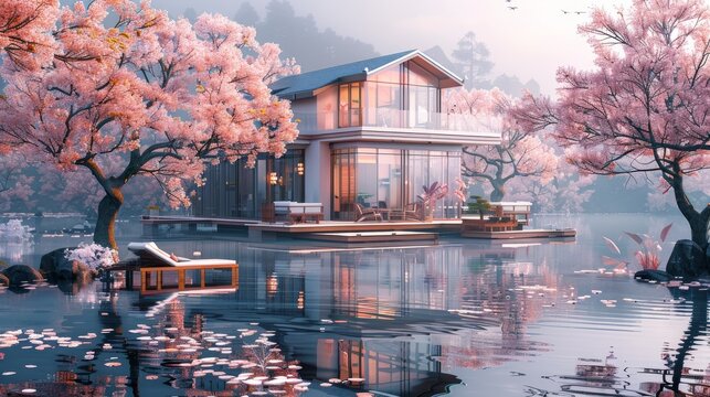 A beautiful house all glass wall, surrounded by beautifully blooming cherry blossom trees, a river in backyard with a nice little pier. Generative AI.