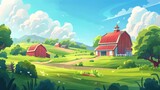 Cartoon illustration of a farm with a barn and greenery